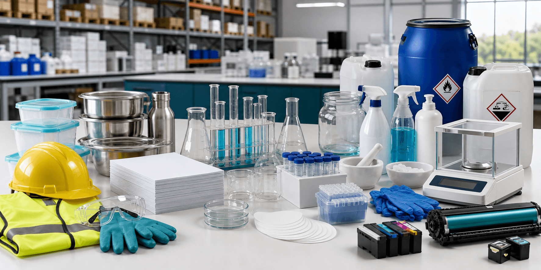 Procurement supply categories including PPE, lab supplies, chemicals, packaging, scales, and IT consumables